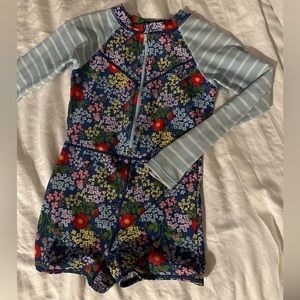 Hanna Andersson Kids Swim One Piece - Blue Floral with Light Blue Stripes